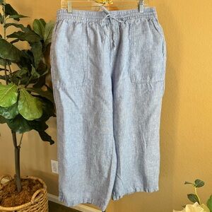 Lands End Women’s M Cropped Linen Pants Blue Pull-On Drawstring Wide-Leg